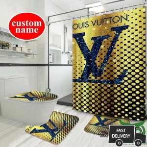 Custom Name Louis Vuitton Golden Blink Shower Curtain And Mat Set 002