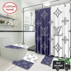 Custom Name Louis Vuitton White And Indigo Blue Shower Curtain And Mat Set 003