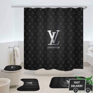 Louis Vuitton Dark Gray Monogram Pattern Shower Curtain And Mat Set 007