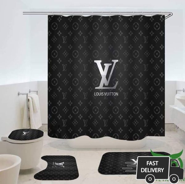 Louis Vuitton Dark Gray Monogram Pattern Shower Curtain And Mat Set 007