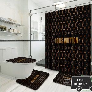 Louis Vuitton Luxury Black And Gold Shower Curtain Set 010