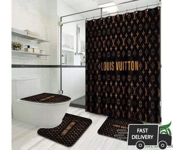 Louis Vuitton Luxury Black And Gold Shower Curtain Set 010