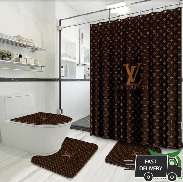 Luxury Louis Vuitton Brown Monogram Pattern Shower Curtain And Mat Set 020