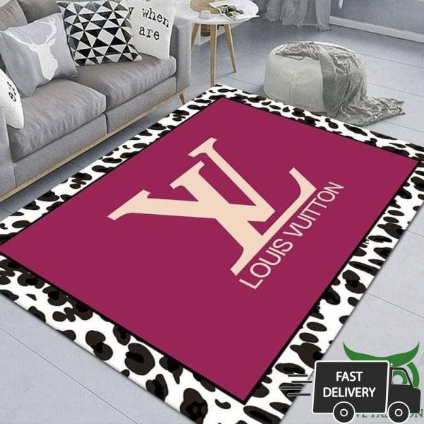 Luxury Louis Vuitton Dairy Cow Pattern With Pink Yellow Logo Center Carpet Rug 008