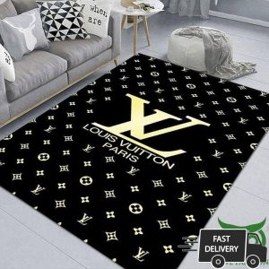 Luxury Louis Vuitton Paris Black With Yellow Central Name And Logo Carpet Rug 010